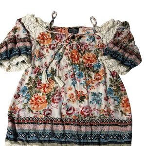 Angie Floral Boho Ruffle‎ Tie Front Blouse Orange Pink Size S
